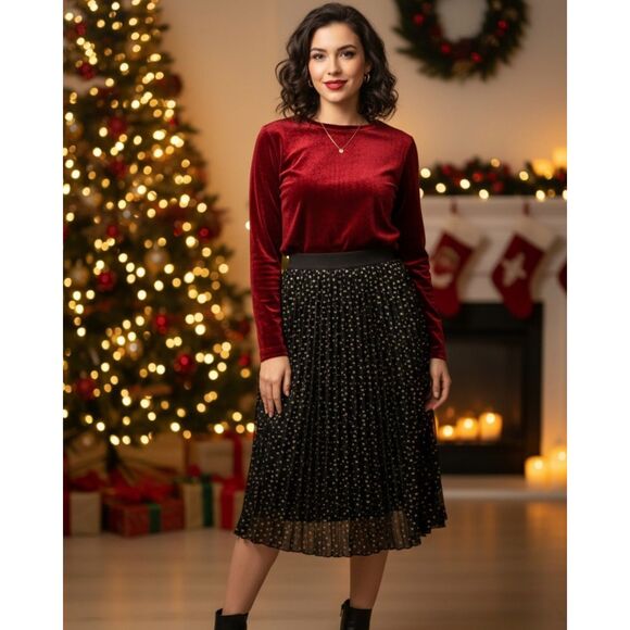 Vince Camuto, Black & Gold Metallic Pleated Midi Skirt, Size XS (NWT) - Picture 1 of 5